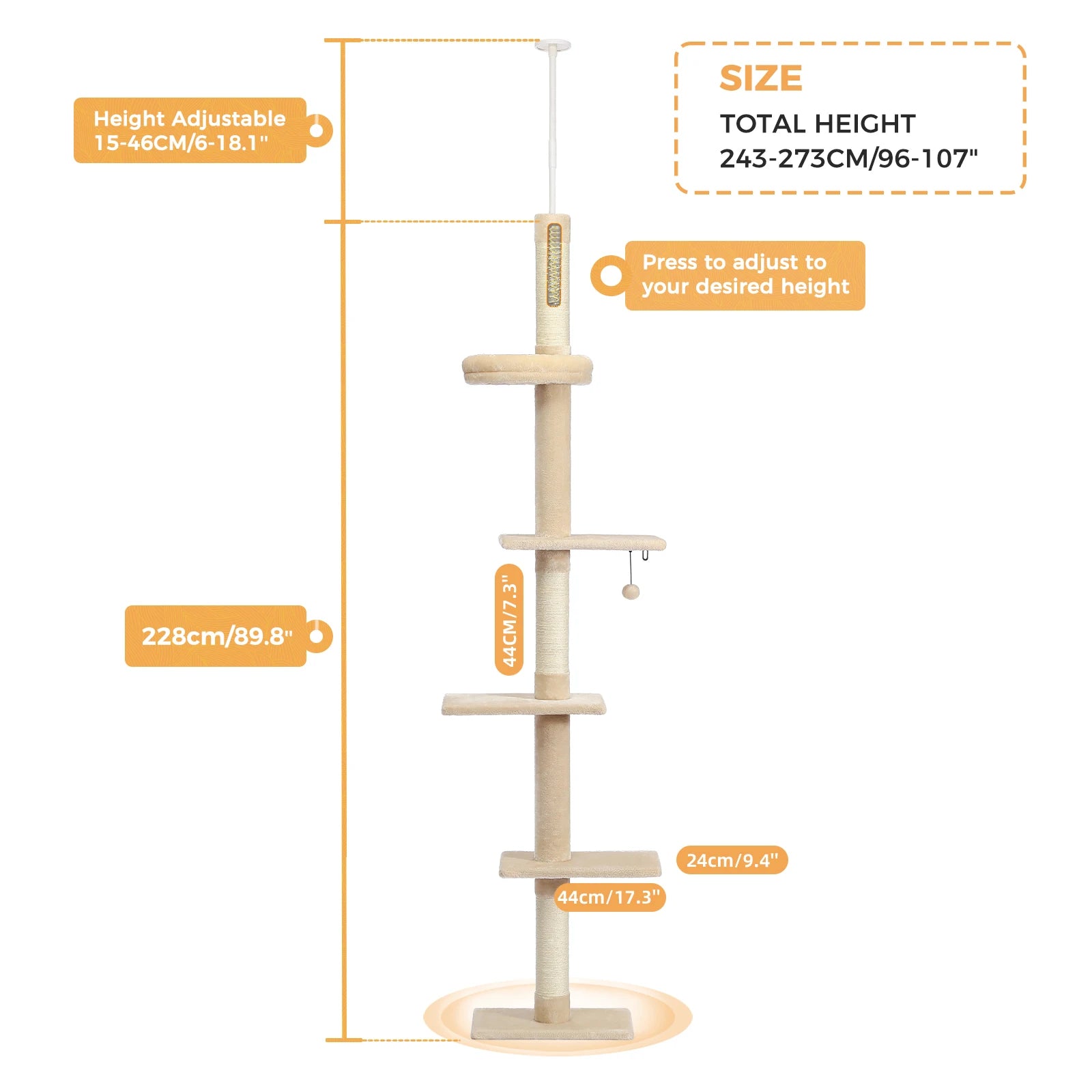 Adjustable Height Cat Tree for Indoor, Floor to Ceiling Cat Tower with Scratching Posts, Cat Scratcher Furniture, Kitten Toys