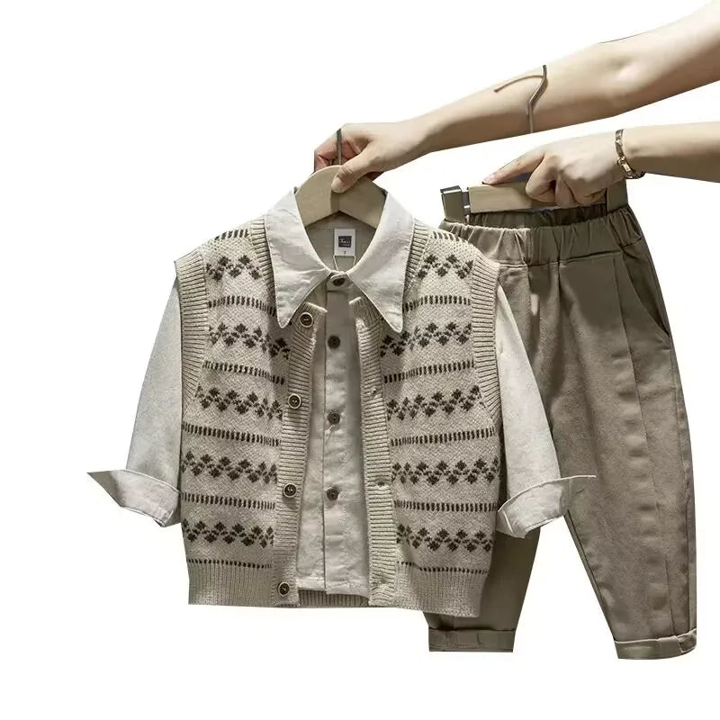 Baby Boy Clothing Suit 2024 Spring Autumn Knitted Sleeveless Sweater Vest + Shirts + Pants Boys Outfit Kids Set