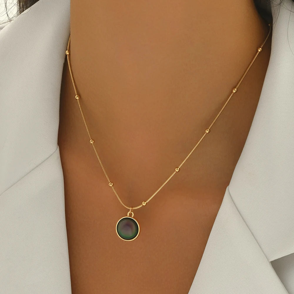 Lxalry 18K Gold-Plated Mood Necklace, Stainless Steel Minimalist Jewelry, Color-Shifting Pendant, Hypoallergenic Gift for Women