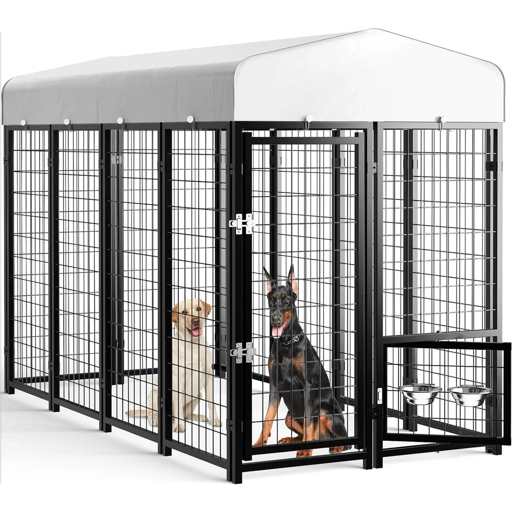Outdoor Dog Kennel Outside Run with Doggy Door, Bowls&Roof - 8x4x6 Large Dog Kennels Pens Outside
