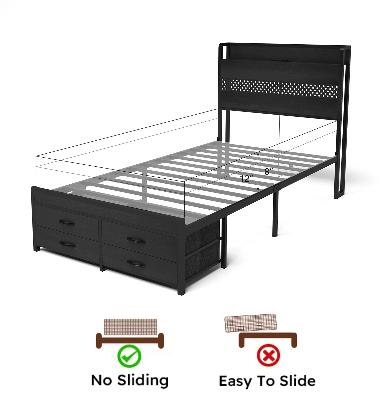 100cm Single Bed Frame Platform Bed w/ Storage Headboard, 4 Under-bed Drawers, Charging Station & LED Light, Smart LED Bed Frame