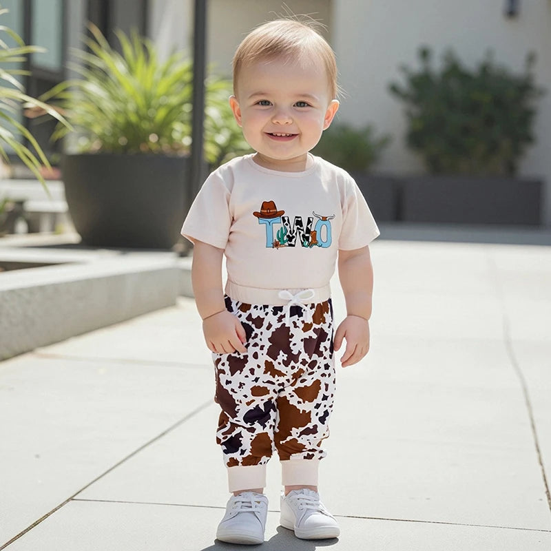 Baby Boy Cowboy Birthday Outfit Rodeo Theme Shirt and Jeans Set with Cow Print Elastic Waistband - 2 Piece Set