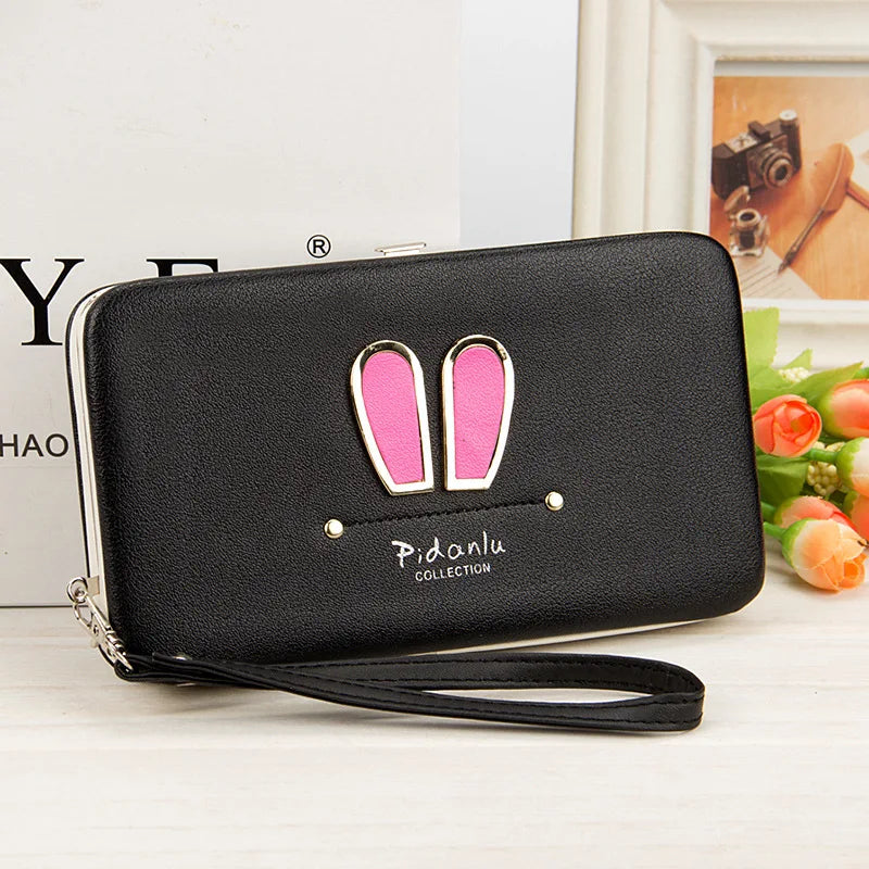 Cartoon Rabbit Ears Women's Cell Phone Box Wallet Credit Card Holder Purse with Wristlet Handbag