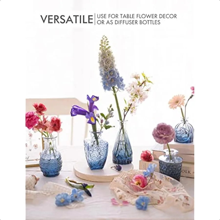 Blue Glass Bud Vase Set of 10 Small Vases for Flowers Bud Vases in Bulk Cute Glass Vases for Centerpieces Mini Vintage Vase for