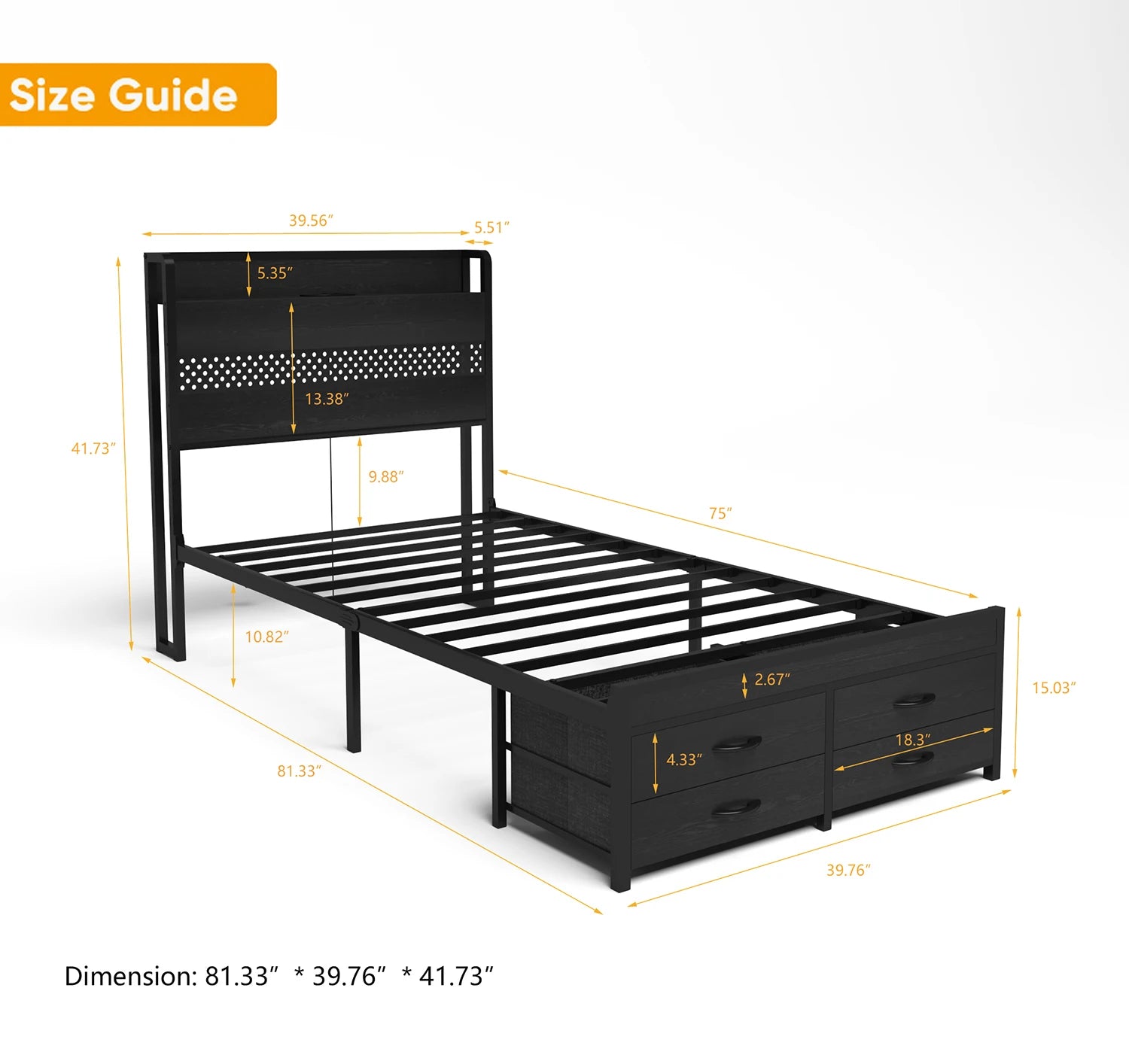 100cm Single Bed Frame Platform Bed w/ Storage Headboard, 4 Under-bed Drawers, Charging Station & LED Light, Smart LED Bed Frame