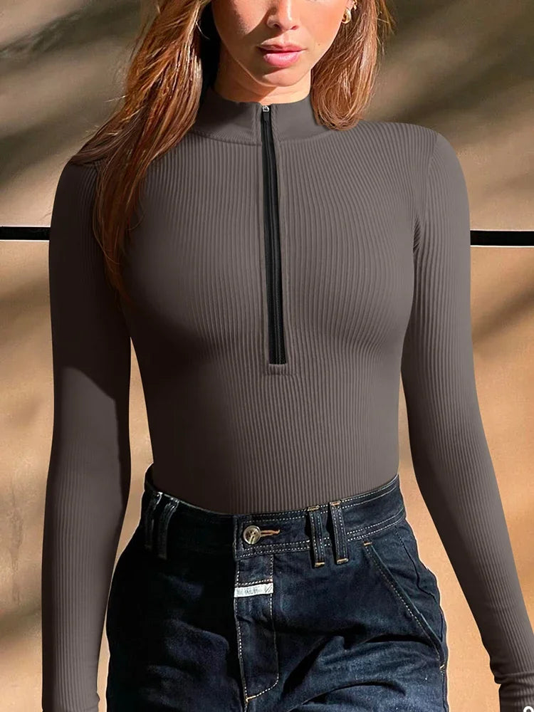 OQQ Seamless Yoga Pullover Shirts Women's Sports Fitness Long Sleeve Ribbed High Waist Tights Fitness Yoga Sports Top