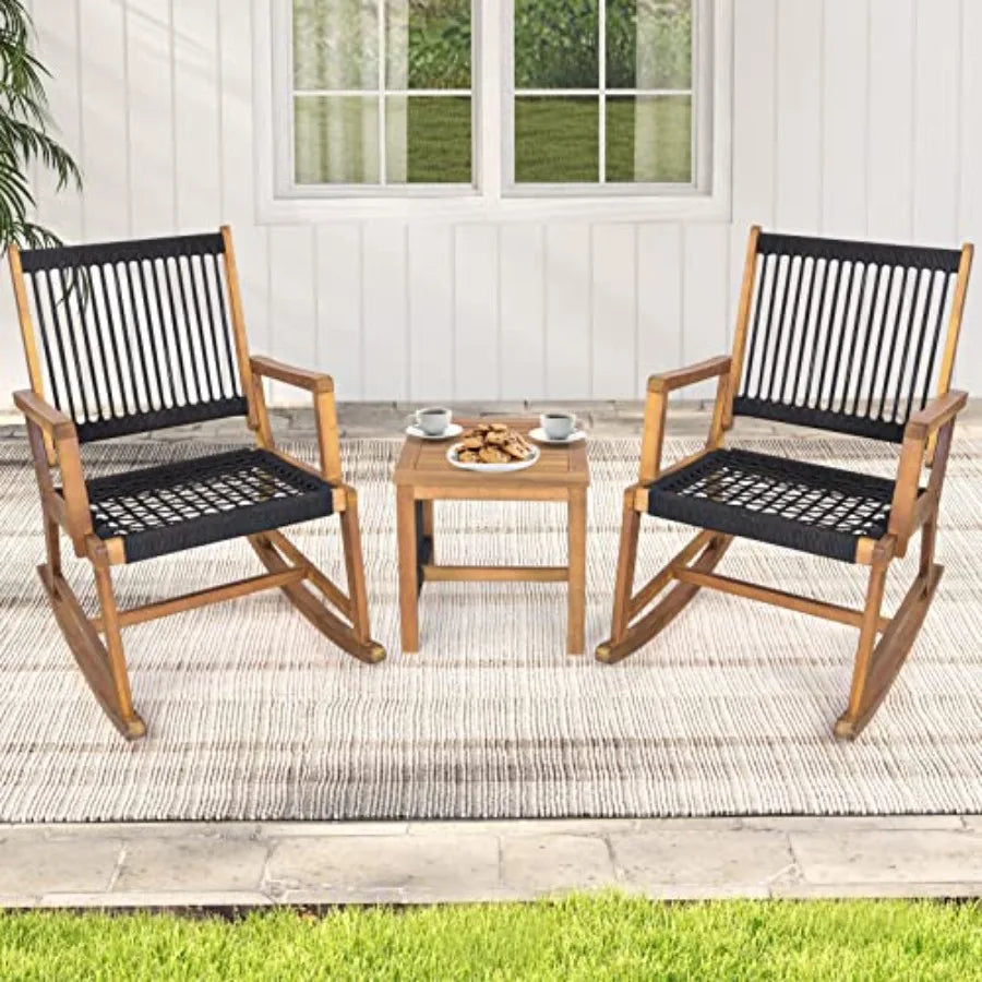 Acacia Wood Rocking Bistro Set 3 Piece Patio Bistro Set with Coffee Table AllWeather Wooden Conversation Set Rocker Bistro Out