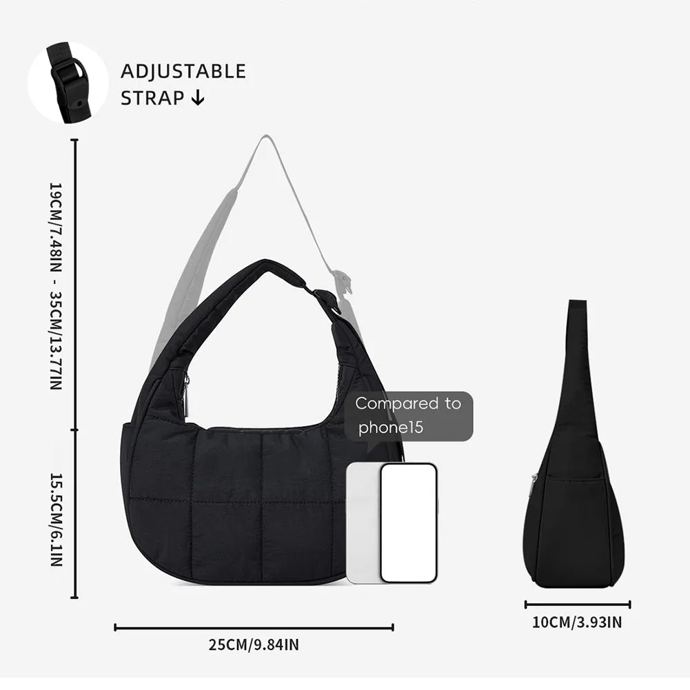 Puffer Shoulder Bag Nylon Adjustable Strap Crescent Bag for Women Quilted Handbag with Zipper Hobo Bag for Work Travel