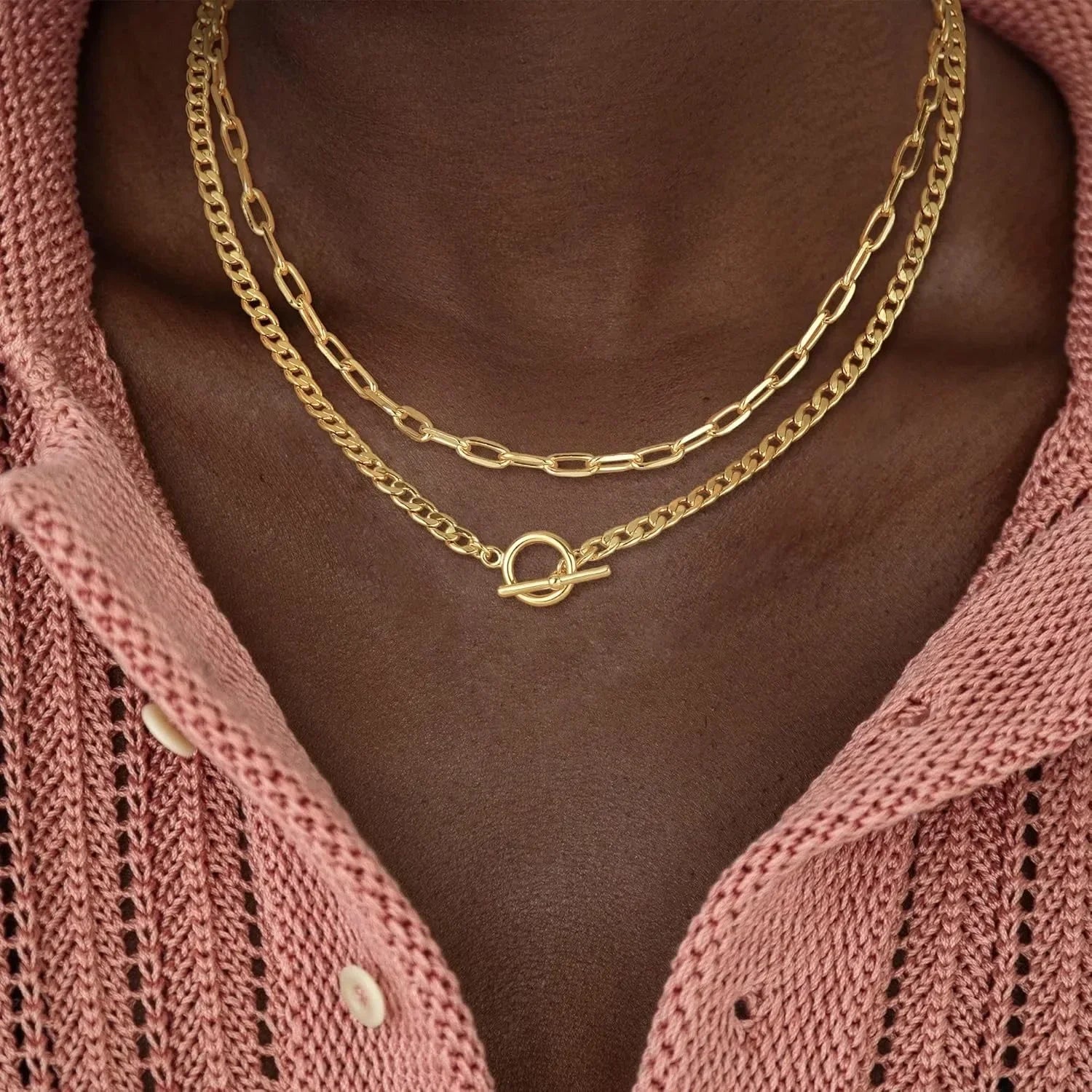 Gold Layered Necklace for Women K Gold Plated Necklace Women Cuban Link Paperclip Chain Toggle Clasp Necklace Jewelry for Women