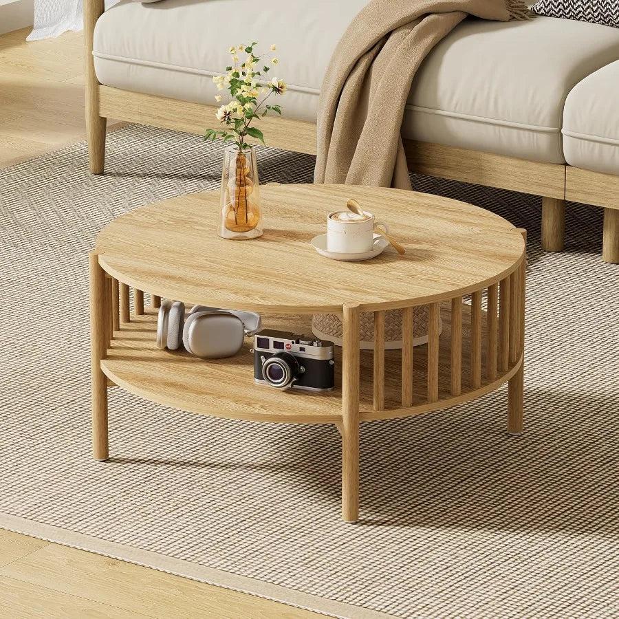 Round Coffee Table for Living Room Wood and Modern Coffee Table with Open Storage ture Oak