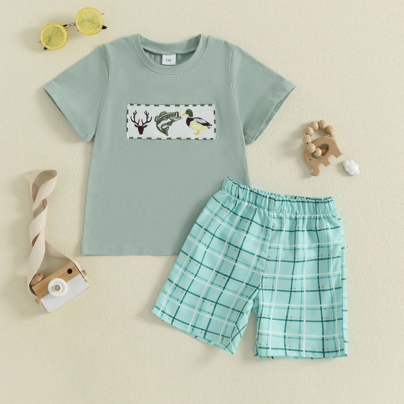 Boys Summer Outfit Set with Short Sleeve O Neck Duck Embroidered Top and Plaid Shorts for a Stylish Look