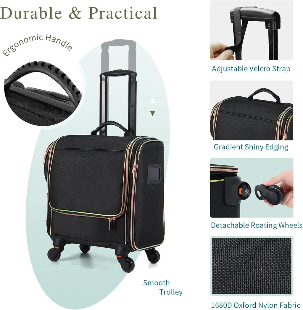 Professional Rolling Makeup Train Case,  Make Up Storage Bag for Makeup Artist, Hairstylist, Barbers, with 5 Toiletry Bags
