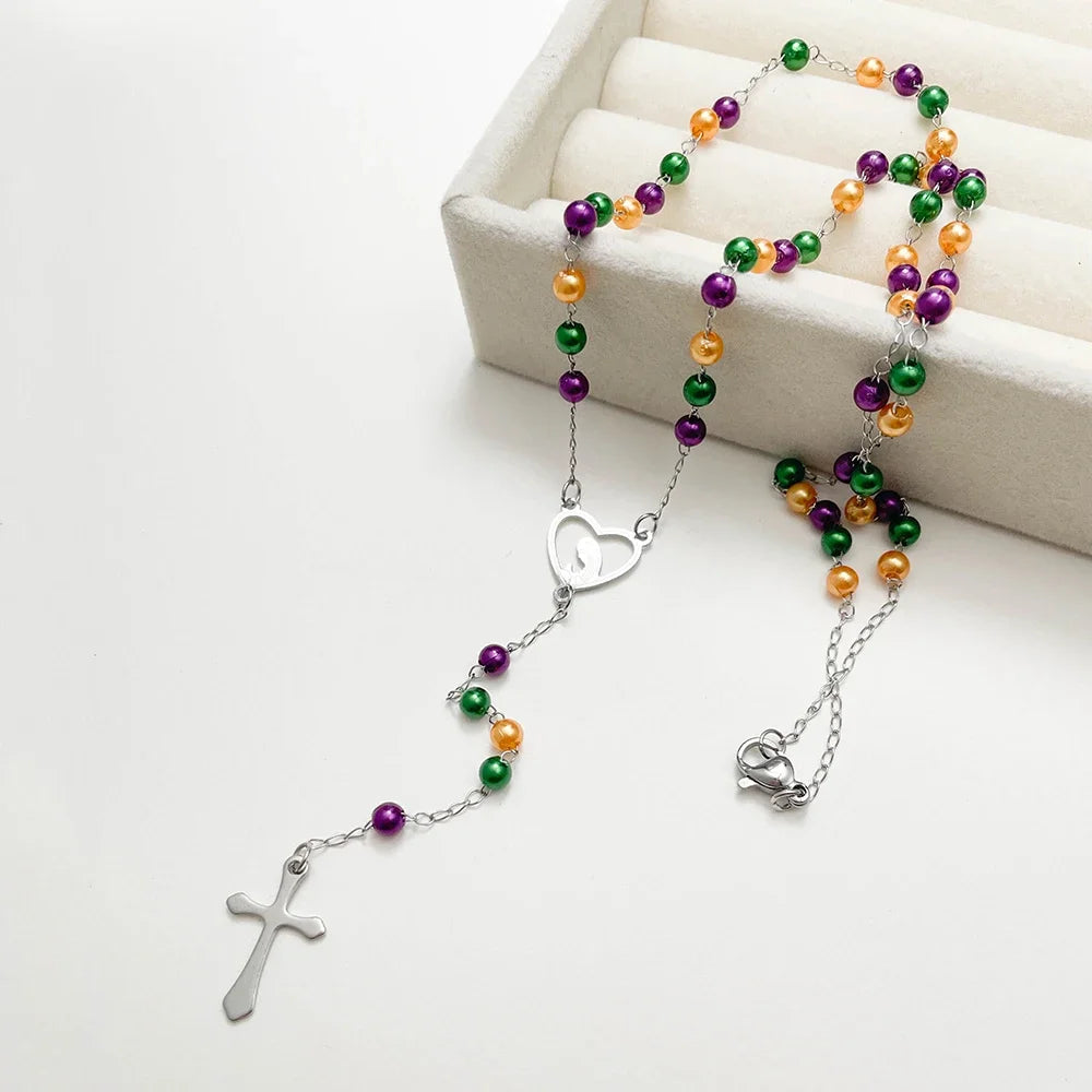 Y Shape Beads Chain Gold Color Stainless Steel Virgin Mary Cross Rosary Pendant Long Necklace Women Girls Jewelry Spiriti Pray