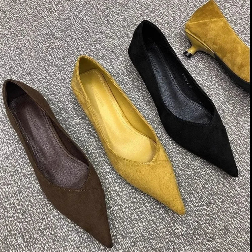 2025 New Comfortable Low 3-5 cm Heels Women's Working Shoes Leather Shallow French Style Thin Heeled Pumps For Office Casual