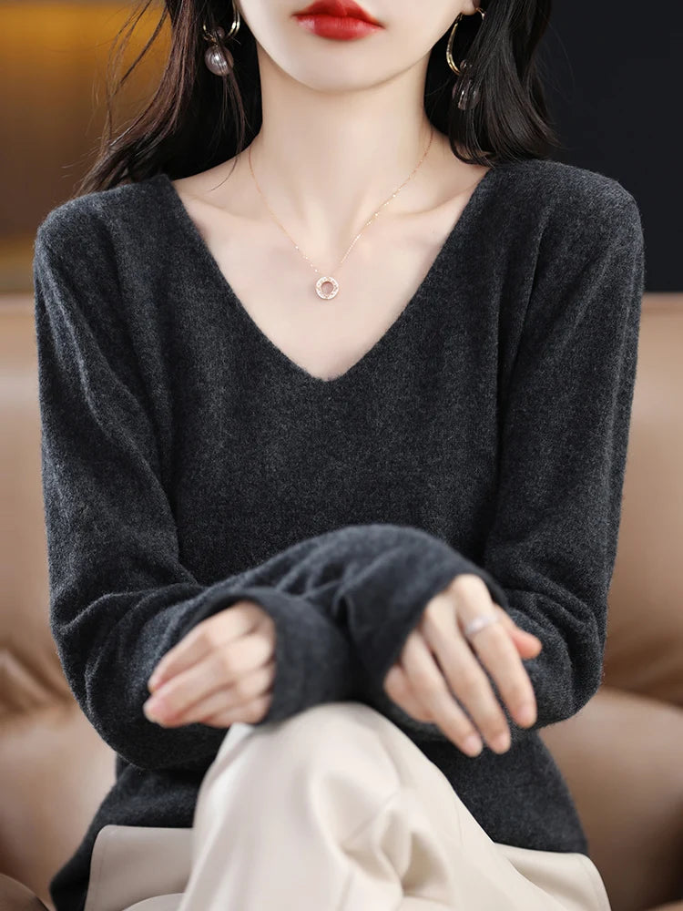 Women's Pullover Sweater For Autumn Winter 100% Merino Wool Knitted Sweater V-neck Basic  Cashmere Long Sleeve Tops