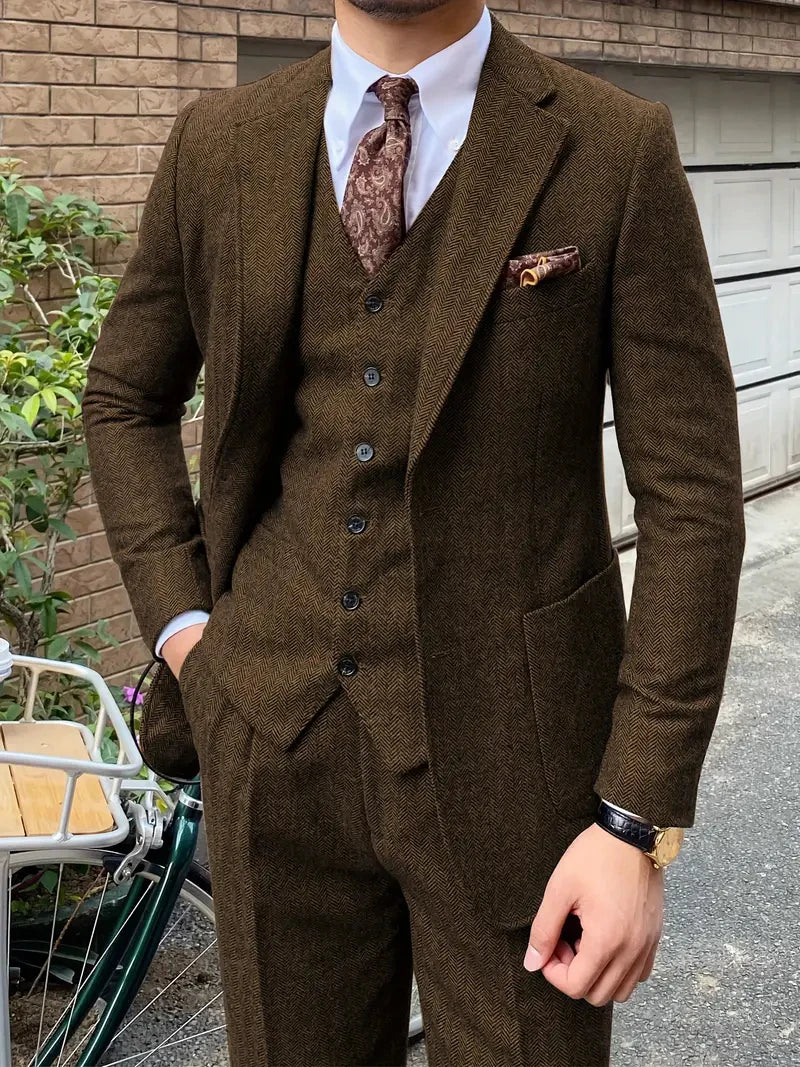 Elegant 3pcs Men's Tweed Suits Wool Blend Herringbone Western Vintage Wedding Formal Events (Jacket+Vest+Pants)