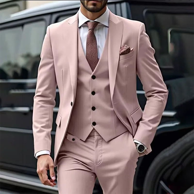 Men's suits High-end Pink Elegant Single Breasted Men Suit Three-pieces(Jacket+Pants+Vest) Party Formal Prom Wedding Set