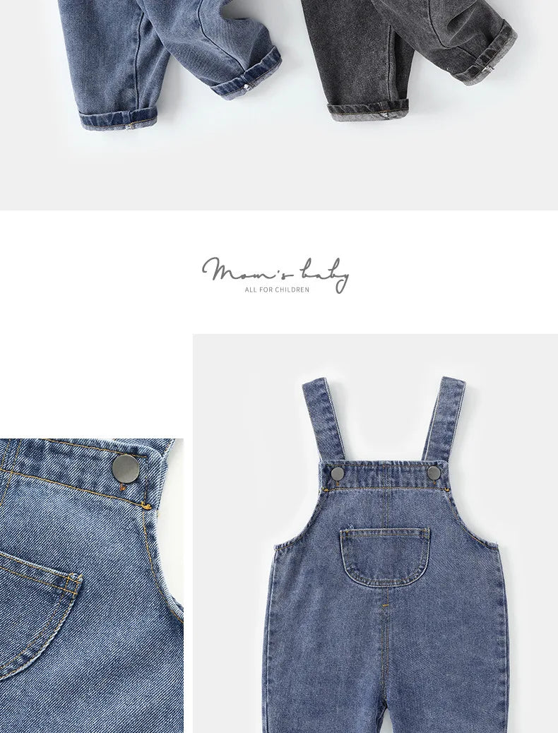 New Spring Kids Pants Baby Girls Overalls Boys Solid Denim Jumpsuits Children Trousers 0-5Y