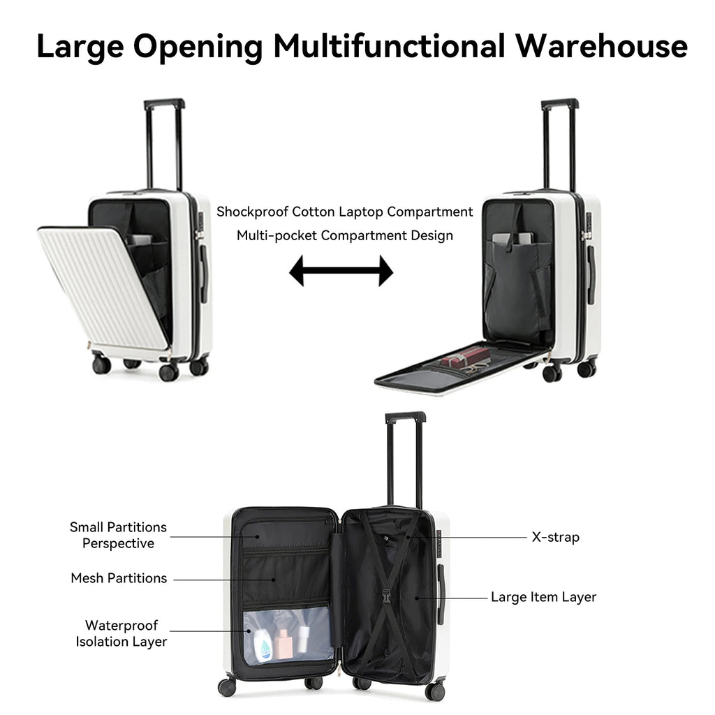 20 Inch Cabin Suitcase Front Opening Spinner Wheel Travel Rolling Luggage For Men Women Trolley Case With TSA Lock USB Charging