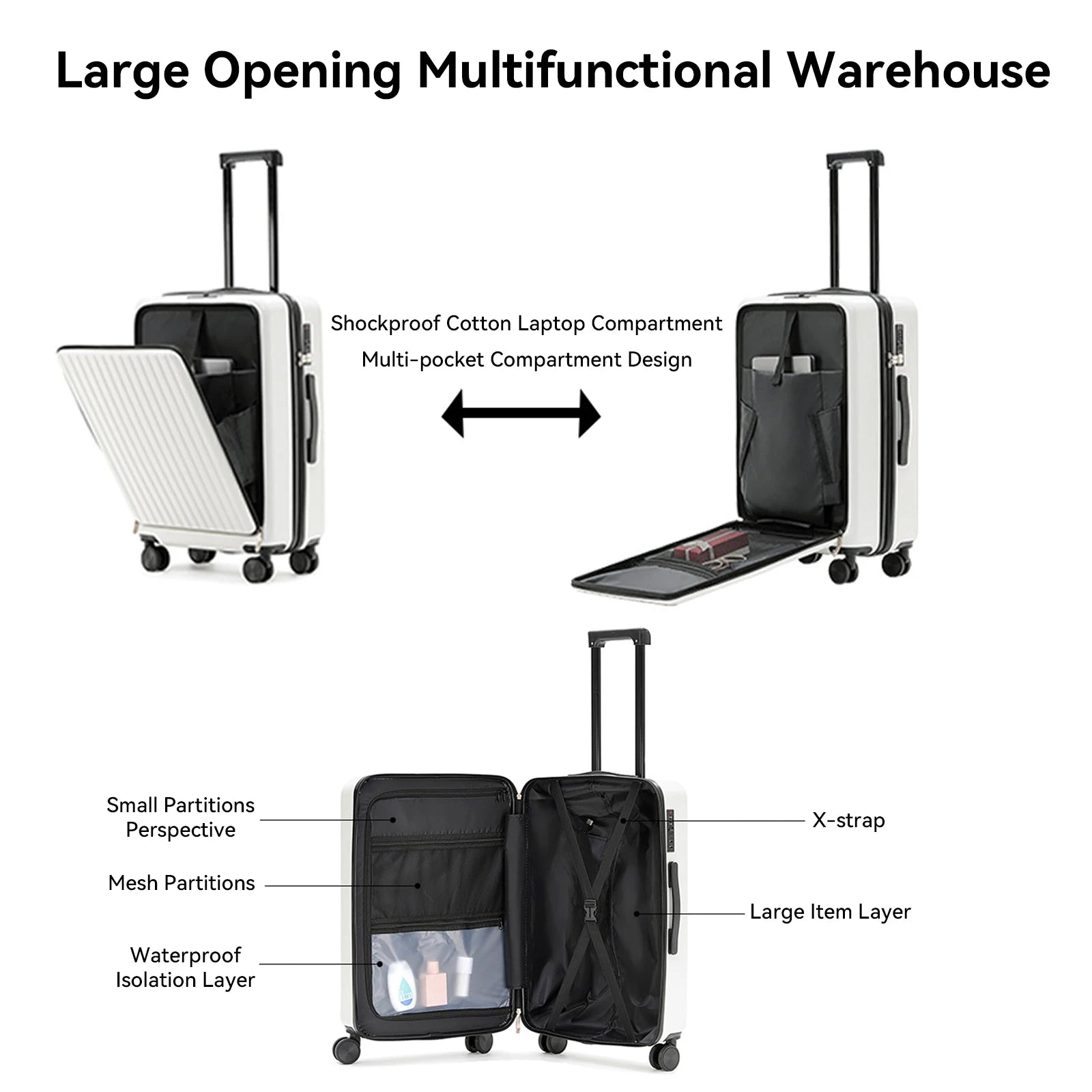 20 Inch Cabin Suitcase Front Opening Spinner Wheel Travel Rolling Luggage For Men Women Trolley Case With TSA Lock USB Charging