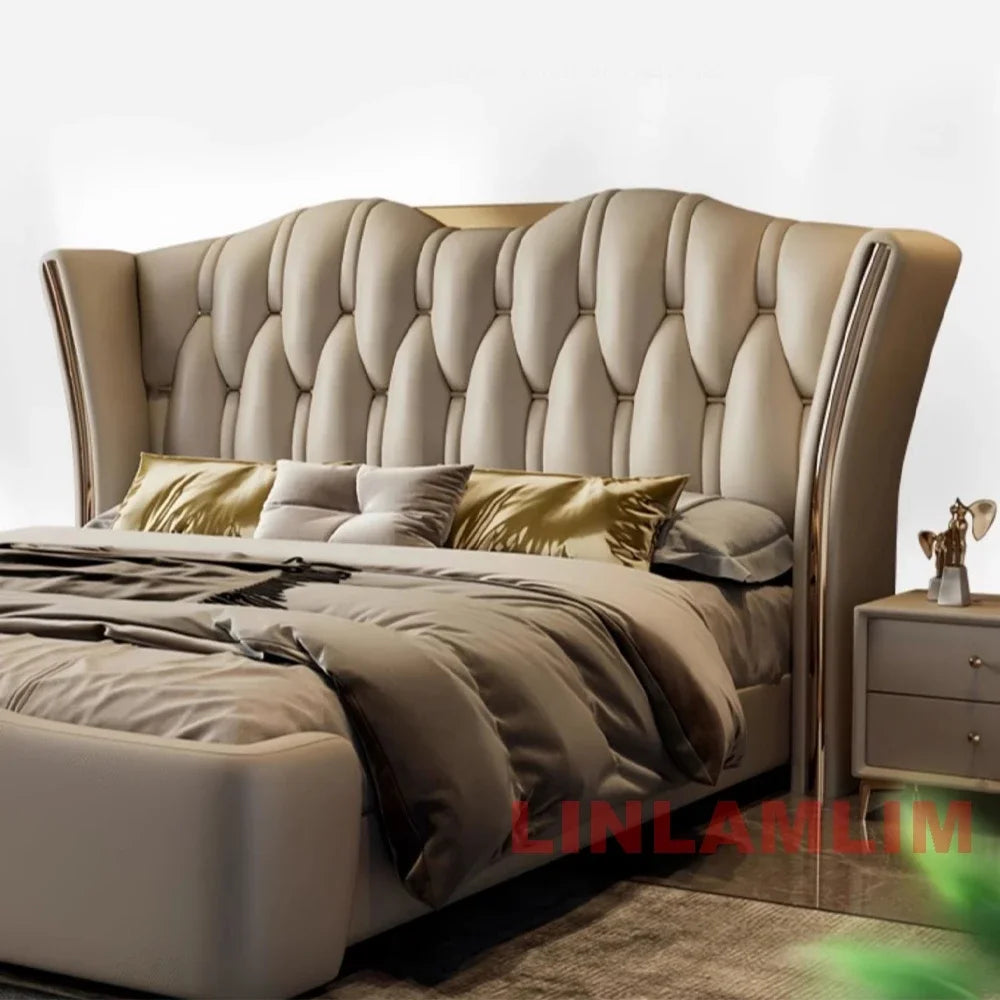 Linlamlim Luxury Modern Upholstered Bed Frame with Gold Accents, Genuine Leather Designer Bed, Queen/King Size Bedroom Furniture