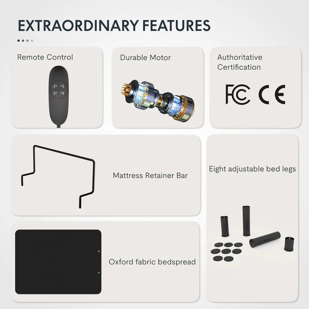 FLEXISPOT S2E Adjustable Bed Frame Base Twin XL,One-Person Transport and Assembly,Adjustable Bed Legs,Oxford Fabric Bedspread,Re