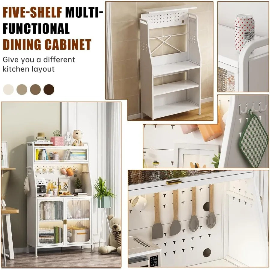 Bakers Rack with Storage Kitchen Storage Hutch Cabinet with Doors and Wheels Freestanding Microwave Stand with Adjustable Shelf