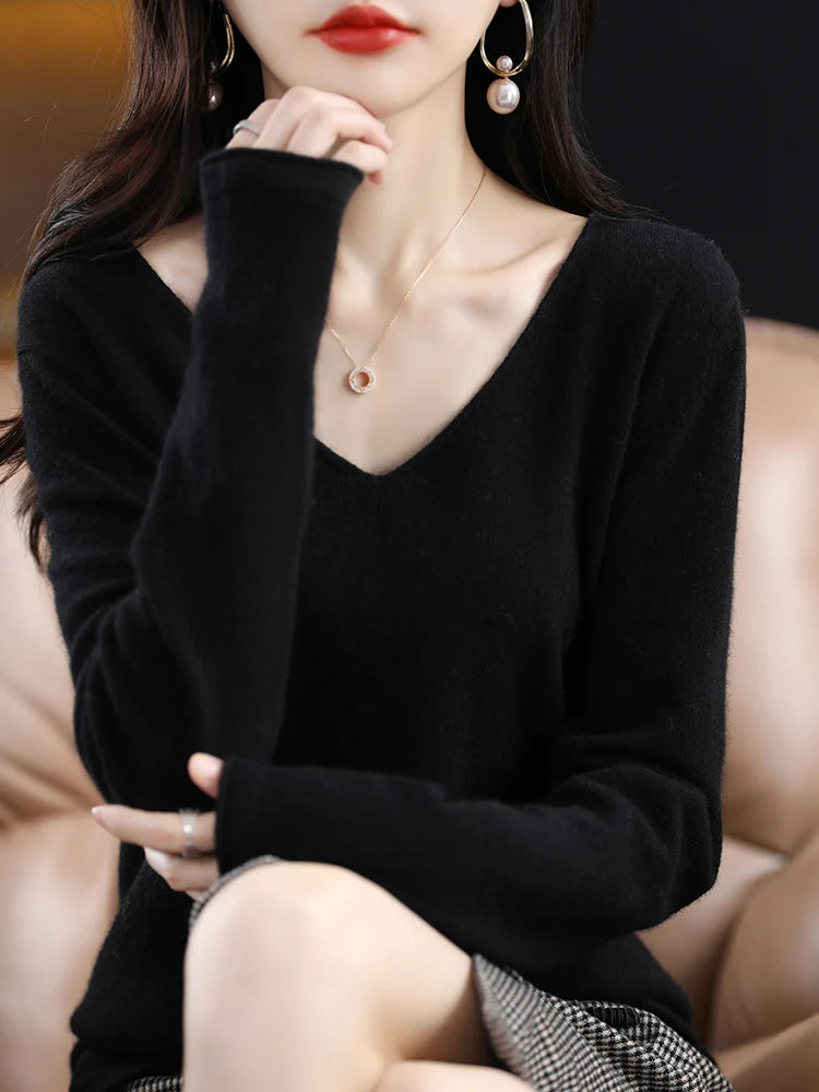 Women's Pullover Sweater For Autumn Winter 100% Merino Wool Knitted Sweater V-neck Basic  Cashmere Long Sleeve Tops