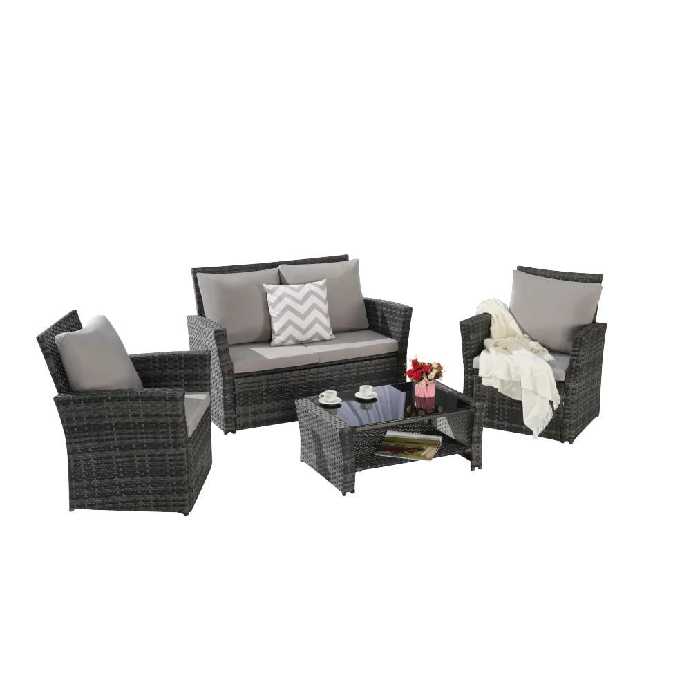 4 Pieces Outdoor Patio Furniture Sets Garden Rattan Chair Wicker Set, Poolside Lawn Chairs with Tempered Glass Coffee Table