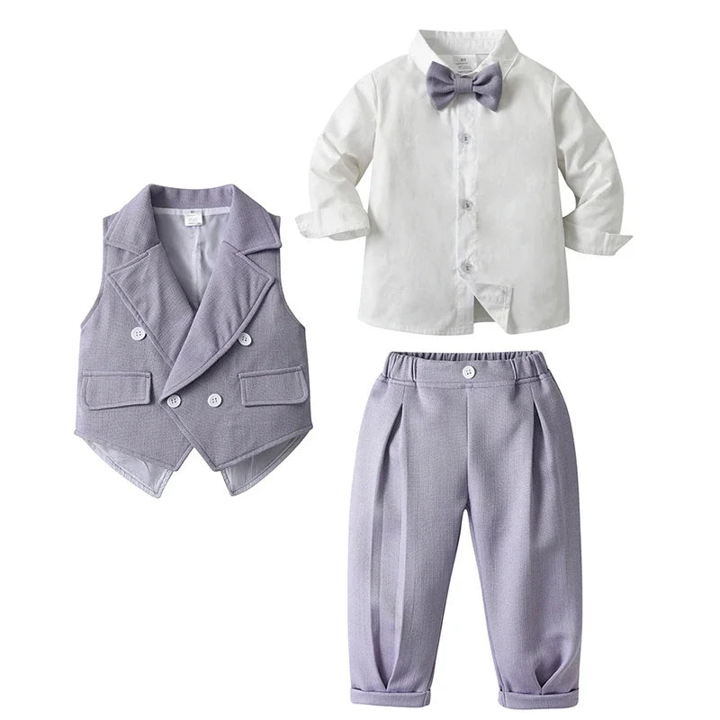 Baby Boy Clothes Sets Formal Suit Boys Long Sleeve Shirt Vest Trousers 3Pcs Sets Children Gentleman Birthday Party Clothing 1-6Y