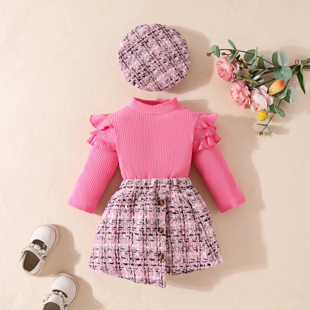 Baby Girls Clothes Set 0-3 Y Spring Autumn Infant High Neck Top+Skirt+Beret 3Pcs Trendy Toddler Long Sleeve Girls Outfit