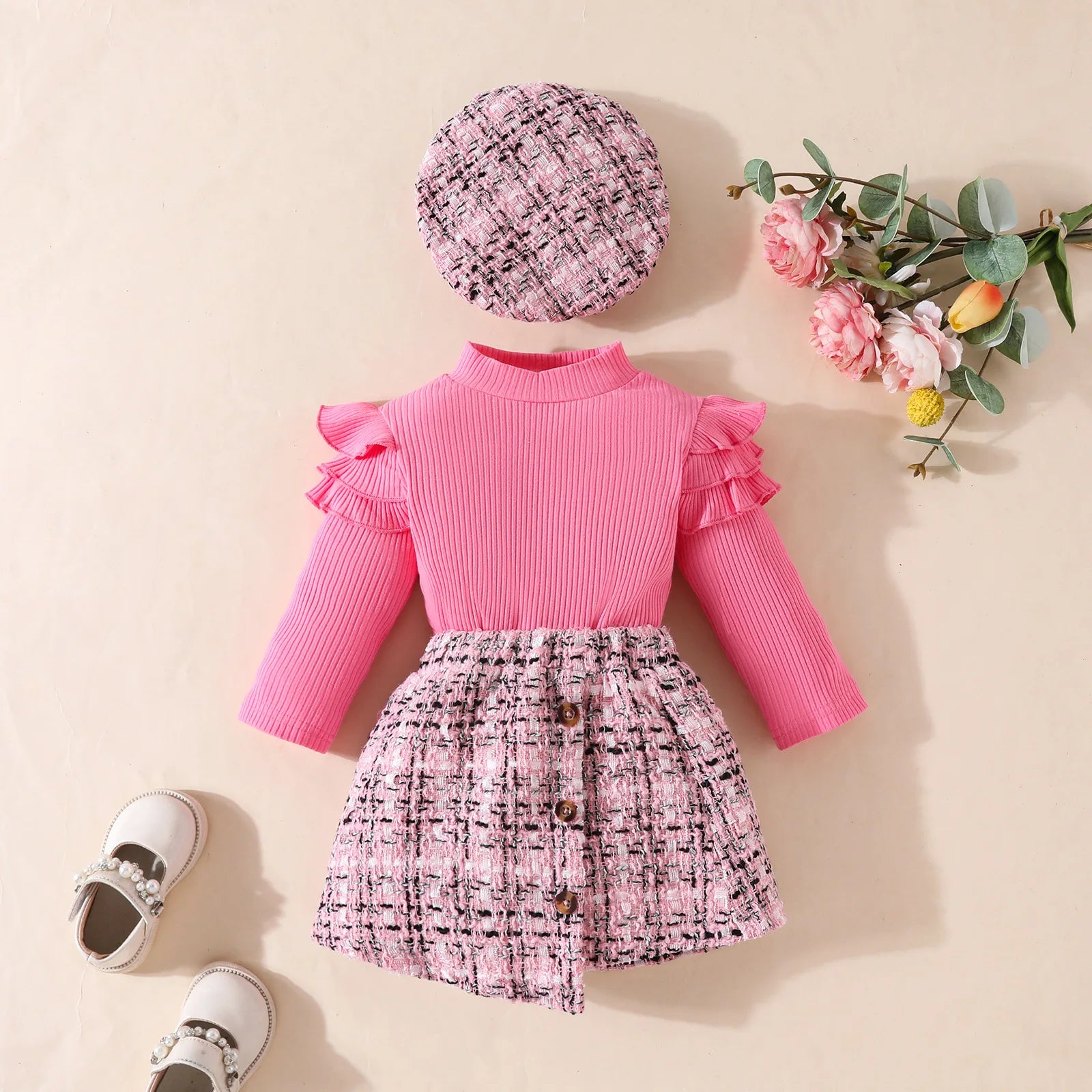 Baby Girls Clothes Set 0-3 Y Spring Autumn Infant High Neck Top+Skirt+Beret 3Pcs Trendy Toddler Long Sleeve Girls Outfit
