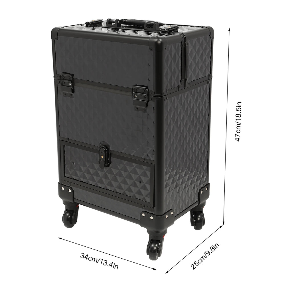 Rolling Makeup Train Case Aluminum Alloy and ABS Construction, 44 lbs Load Capacity, 7 Compartments and Drawer for Makeup