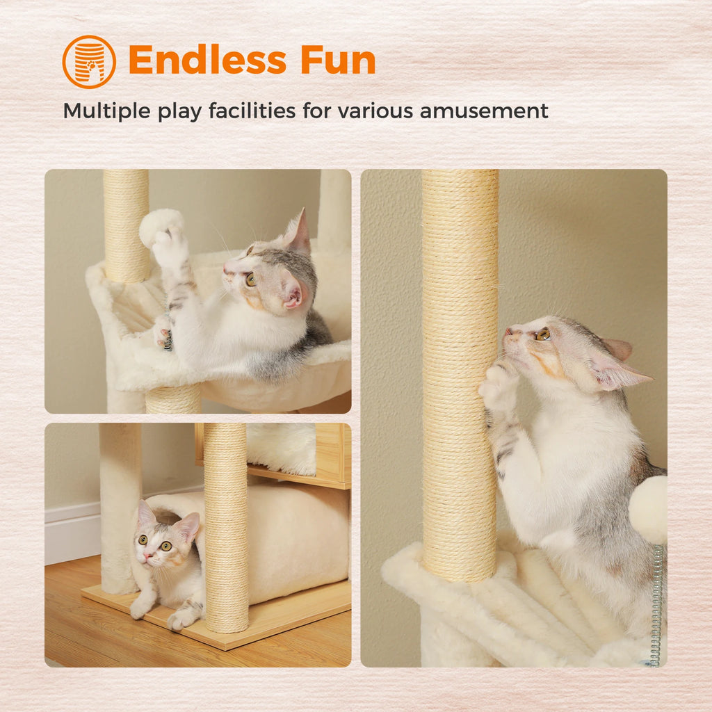 Floor to Ceiling Cat Tree with Scratching Posts Spacious Condo Hammock Tunnel Indoor Height Adjustable Wooden Cat Tower Cat Toys
