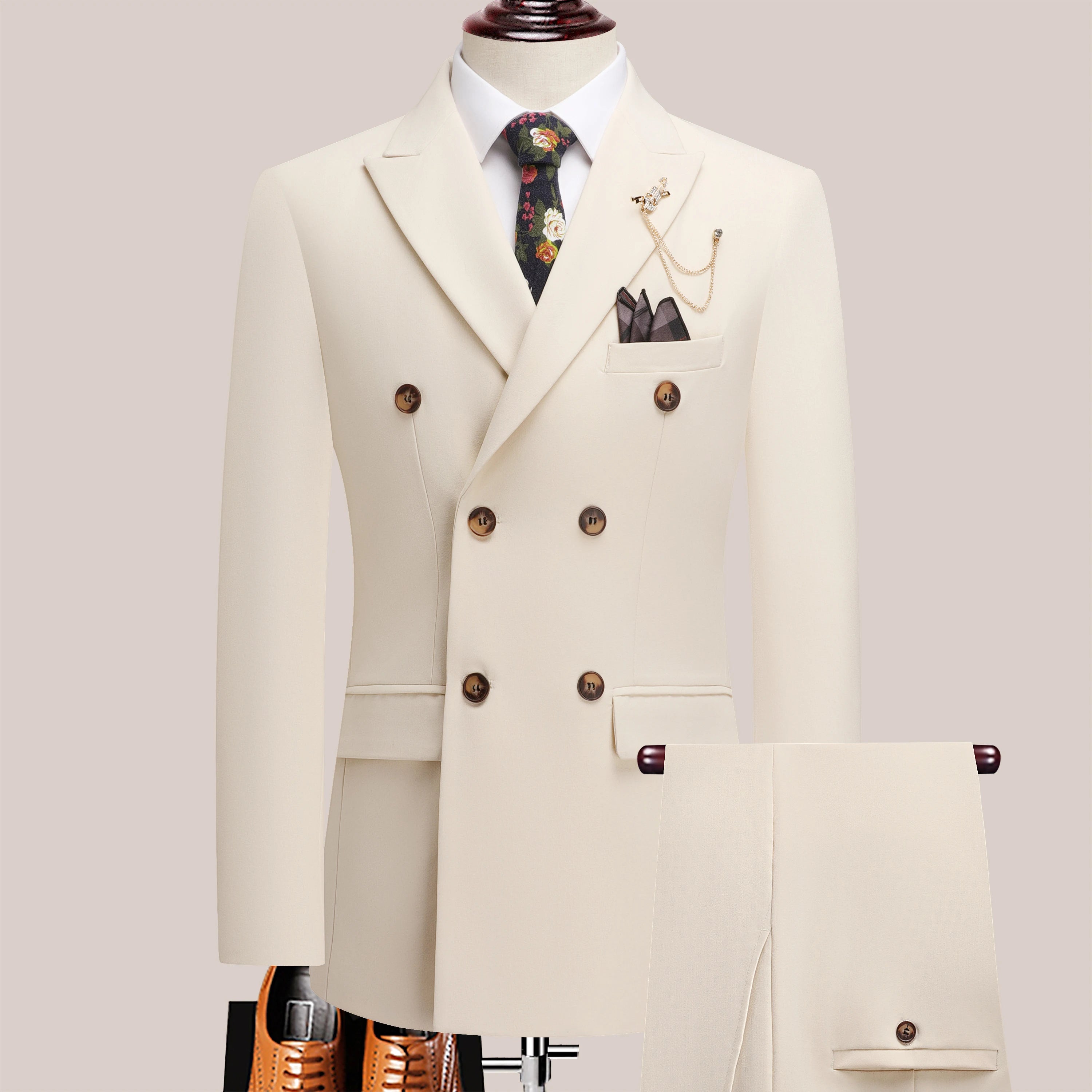 The latest men's solid color suit two-piece set with lapel collar and double breasted buttons for four seasons, men's business s