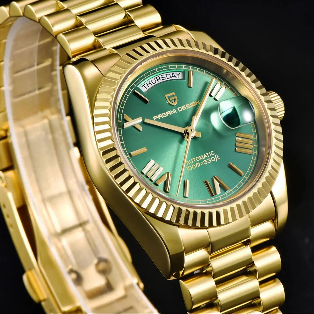 PAGANI DESIGN 2025 New Gold Green 40MM Date Week Men's Watches Automatic Watch Men AR Sapphire Glass NH36A Mechanical Wristwatch