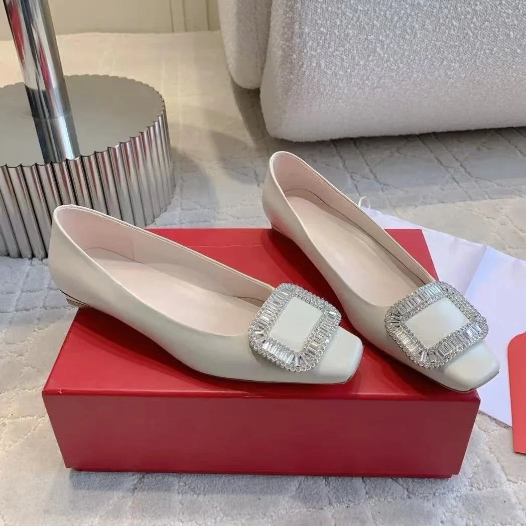 Classic Silk Square-Toe Shallow Woman Flats Square-Button Decora  Mouth Single Shoes Willow Fashion Females Banquet Flats