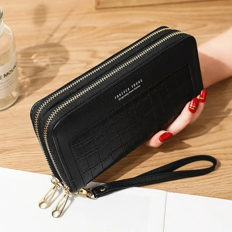 Double Zipper Long Wallet For Women Large Capacity PU Leather Clutch Mobile Phone Bag Coin Cash Card Holder Purse