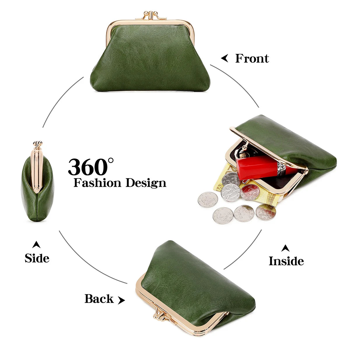 Cute Clip Lock Women's Coin Purse Retro Solid Color Bifold Kiss Lock Small Wallet Simple PU Leather Lipstick Portable Pocket Bag
