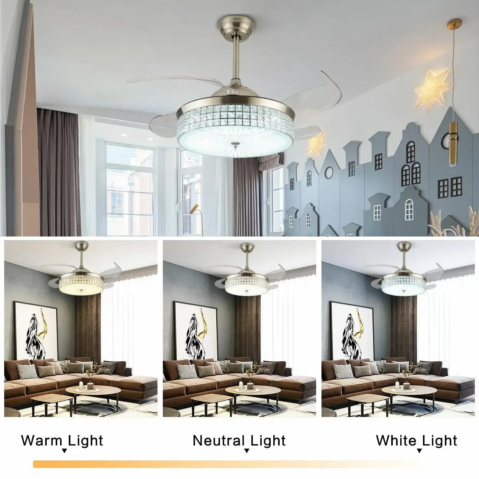 36"/42" Retractable Ceiling Fan Light LED Invisible 3 Color Chandelier Lamp w/Remote Crystal Metal Ceiling Fan Light 92cm/107cm