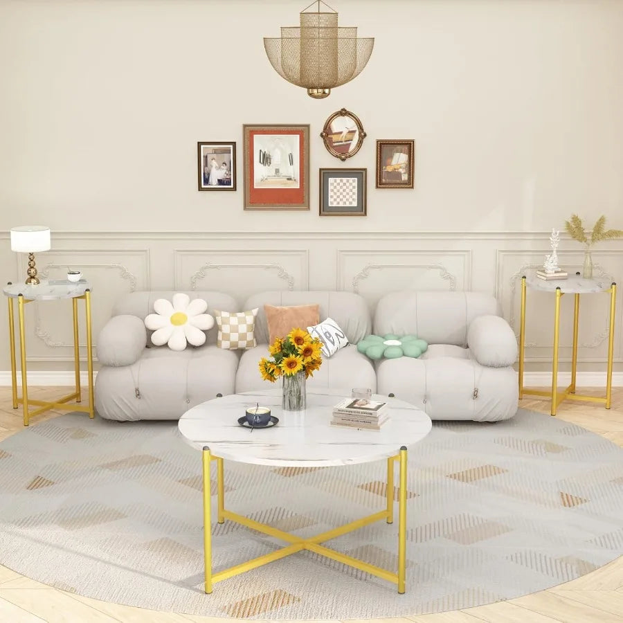 Coffee Table Set of 3Modern Faux Marble Top with Golden Frame 1 Coffee Table 2 Accent Table Living Room Table Set for Apartment
