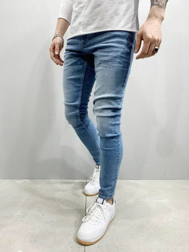 Male Hip-hop Trousers Pure Color Ripped Jeans Men Slim Long Pencil Pant Men Clothing High Quality Men Fashion Thin Skinny Jeans
