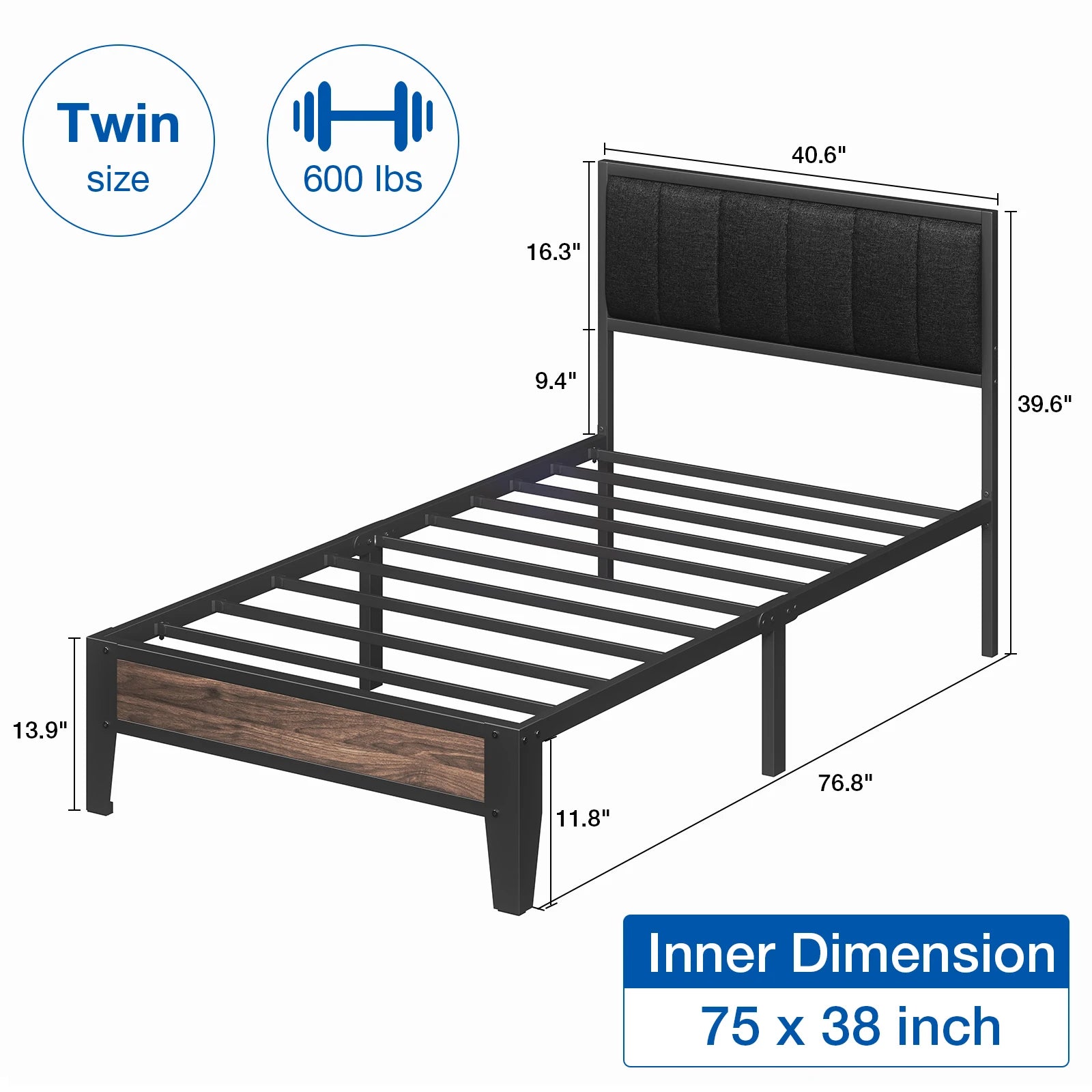 Twin/Full Bed Frame, Headboard Upholstered Bed Frame Platform, All Metal Slats Support Platform Bed Frame with Storage Space