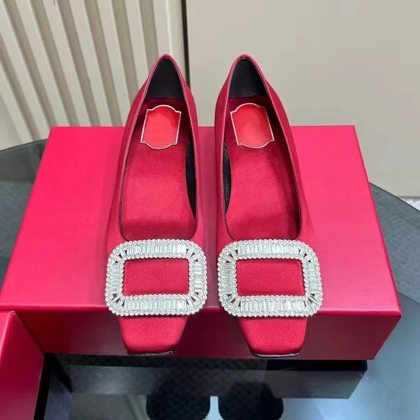 Classic Red Color Shoes For Wedding Top Version Silk Square-Toe Shallow Woman Flats Mary Janes Ballet Dance Shoes Banquet Flats