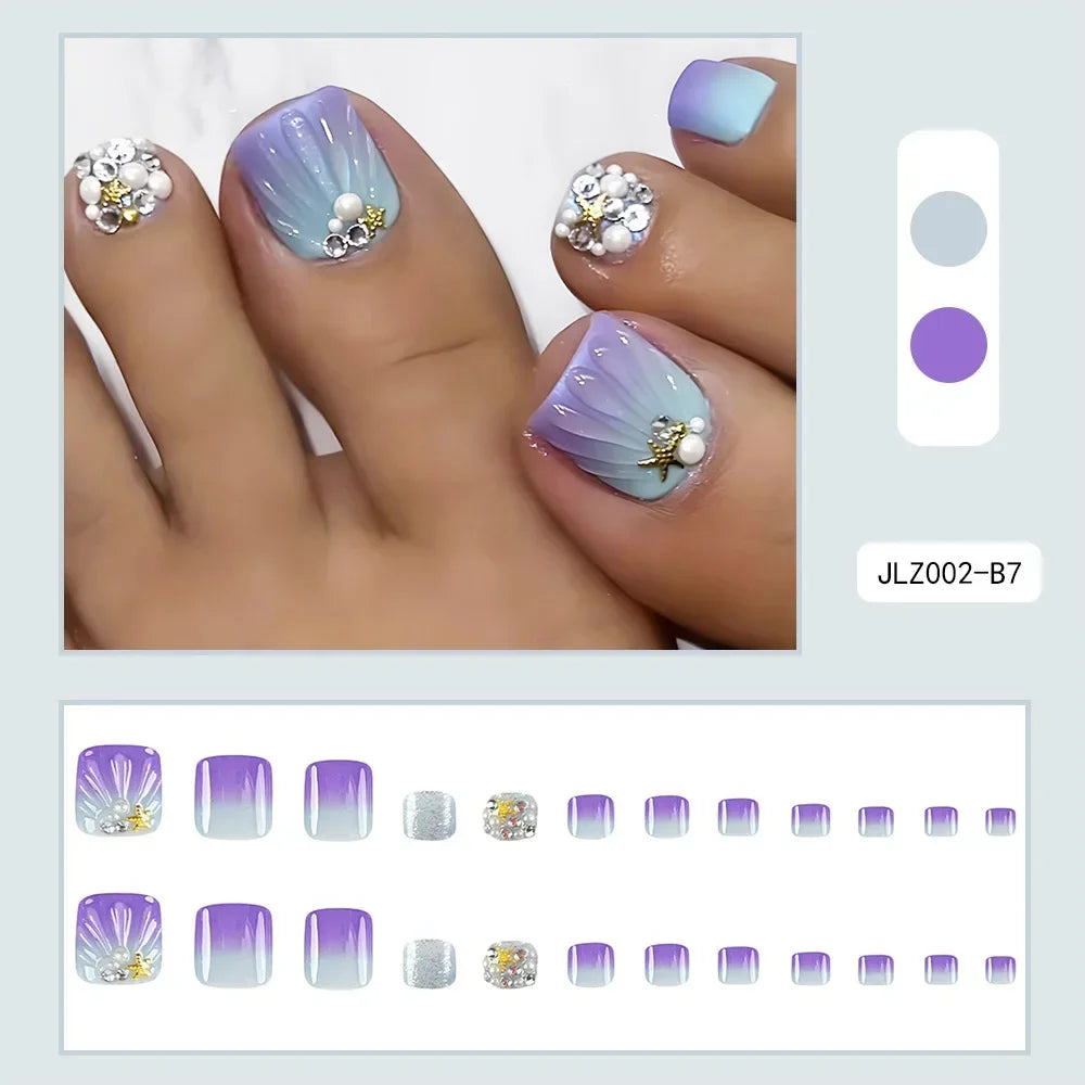 Summer Beach Toe False Nail Press on Nails 24 Pcs Fake Nails Set Shell Design Decorated Toe Nails Acrylic Stick on Toe Nail