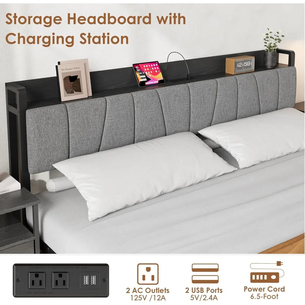 King Size Bed Frame with Storage Headboard, No Box Spring Needed, King Platform Bed with 2 Large Drawers and Charging Station