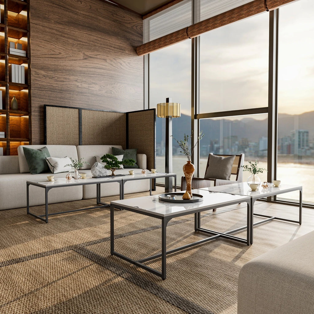 Modern Rectangular Coffee Table |Chic Sintered Stone Top|Black Aluminum Frame| Space-Saving Living Room & Bedroom Side Table