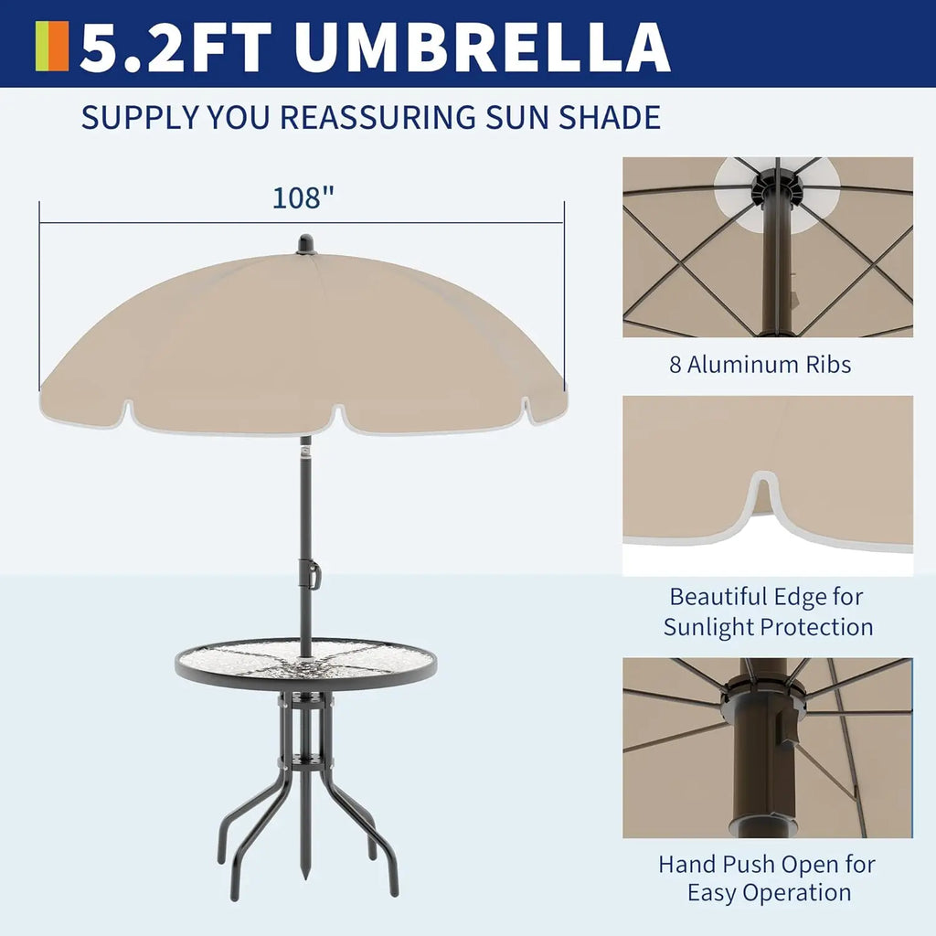 6 Piece Patio Dining Set for 4 with Umbrella, Outdoor Table and Chairs with 4 Folding Dining Chairs & Round Glass Table