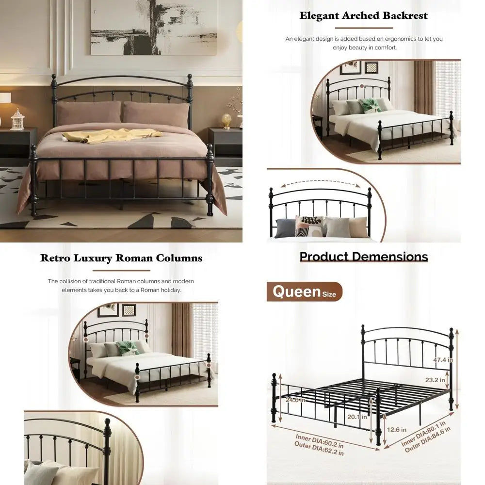 Queen Size Metal Bed Frame with Arched Headboard, Durable and Luxurious Roman Column Design, Easy Assembly