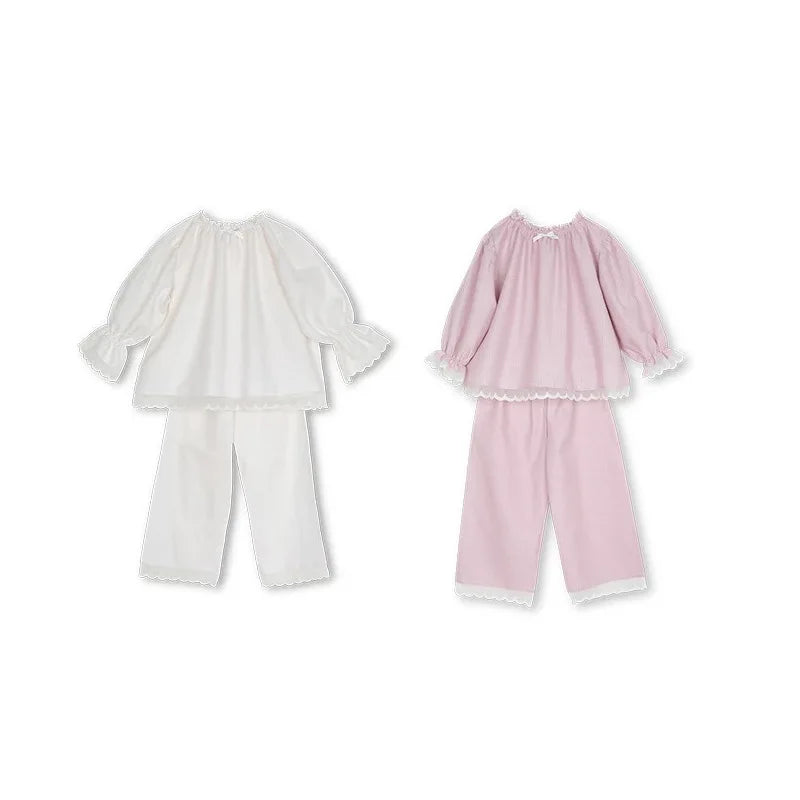 Girls' Home Clothes 2022 Spring And Summer New Lace Edge Girls' Pajamas Two-Piece Cotton 30% Silk Pajamas Children's Clothing